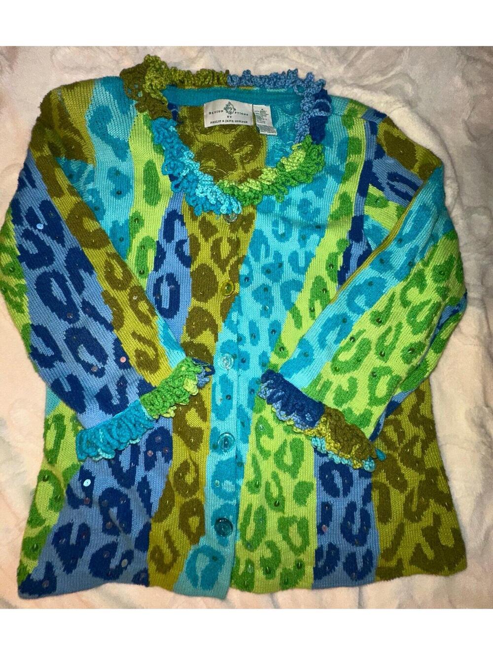 Design Options by Philip and Jane Gordon S Blue Green Leopard Cardigan Sequins